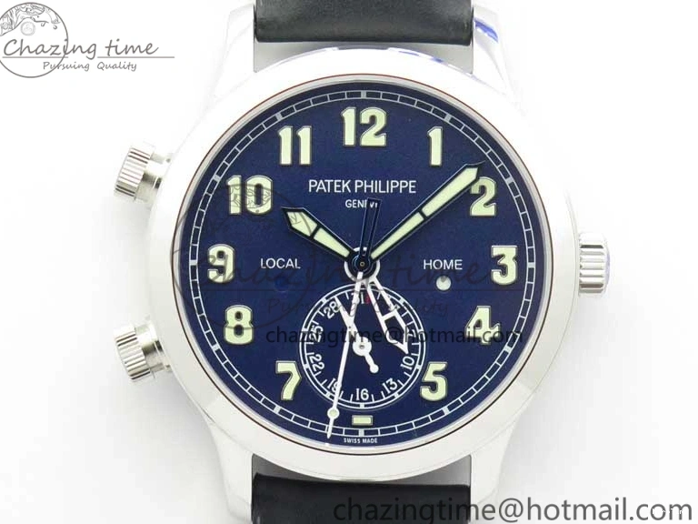 MIROTIME 0120 Practical Calatrava 5524 Pilot Travel Time SS GRF Blue Dial on Black Leather Strap A324 V 7107